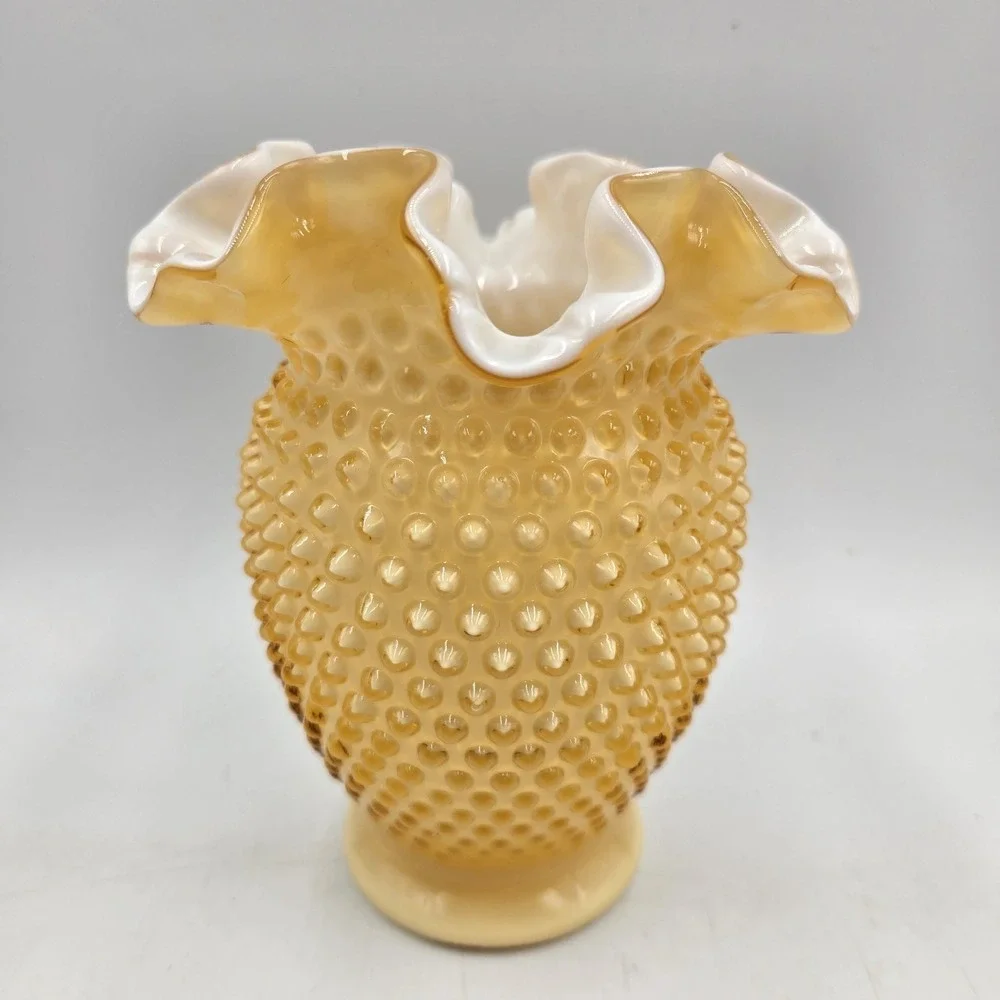 Stunning Vintage Fenton Ruffled Honey Amber Overlay English Hobnail Vase 6.25